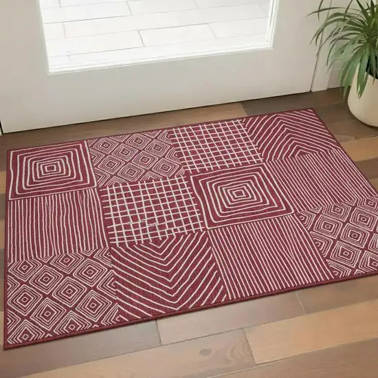 Burgundy And Ivory Geometric Washable Area Rug With UV Protection Photo 2