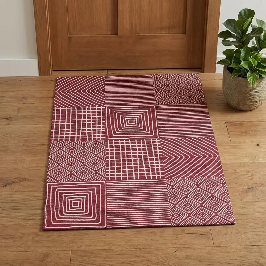 Burgundy And Ivory Geometric Washable Area Rug With UV Protection Photo 1