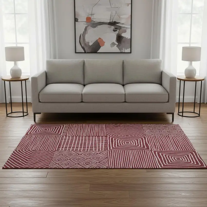 Burgundy And Ivory Geometric Washable Area Rug With UV Protection Photo 2