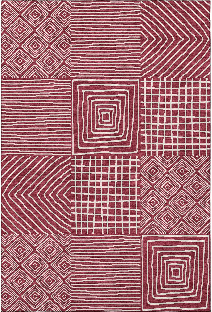 Burgundy And Ivory Geometric Washable Area Rug With UV Protection Photo 3