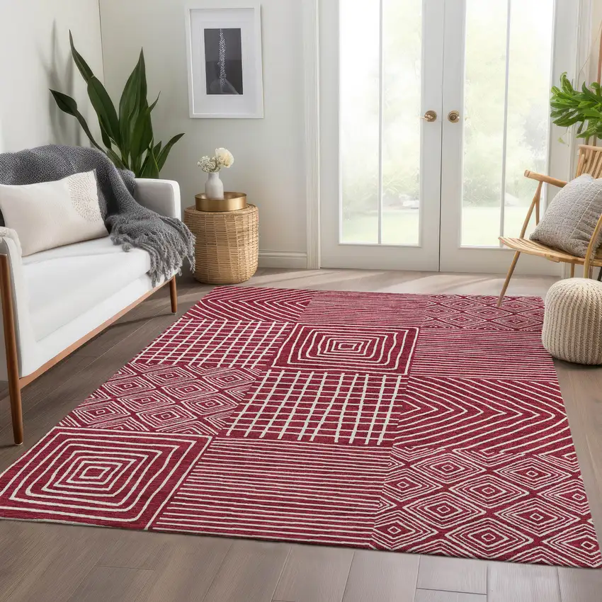 Burgundy And Ivory Geometric Washable Area Rug With UV Protection Photo 5