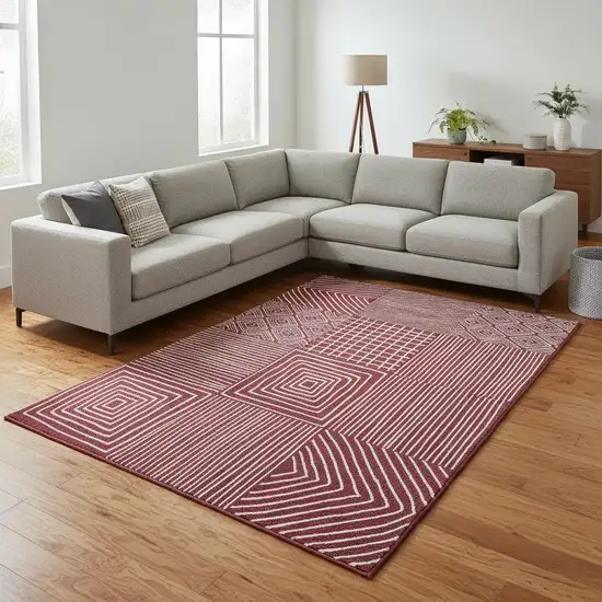 Burgundy And Ivory Geometric Washable Area Rug With UV Protection Photo 2