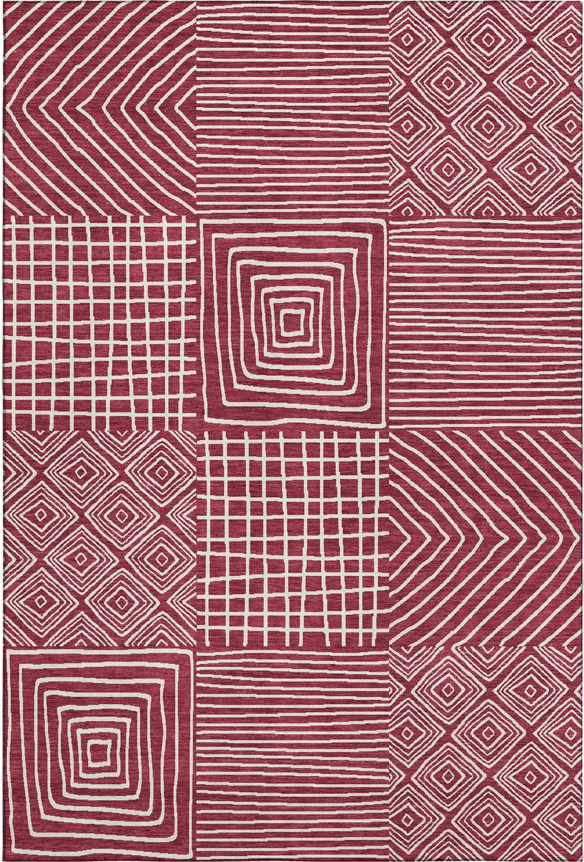 Burgundy And Ivory Geometric Washable Area Rug With UV Protection Photo 1