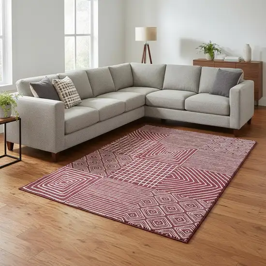 Burgundy And Ivory Geometric Washable Area Rug With UV Protection Photo 2