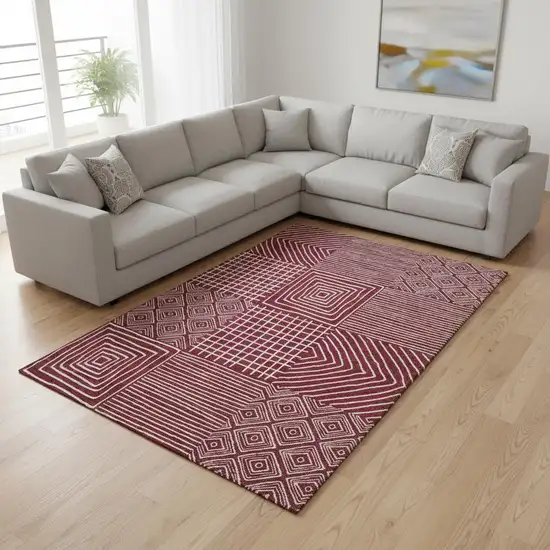 Burgundy And Ivory Geometric Washable Area Rug With UV Protection Photo 2
