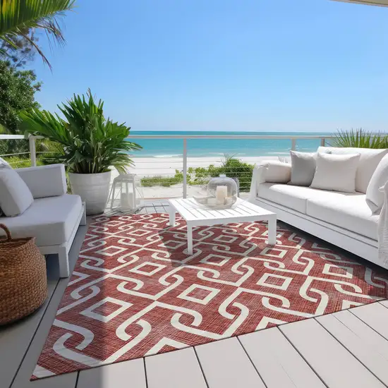 Burgundy And Ivory Geometric Washable Indoor Outdoor Area Rug Photo 7