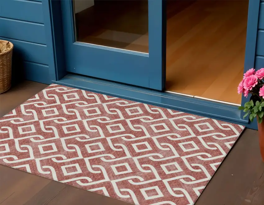 Burgundy And Ivory Geometric Washable Indoor Outdoor Area Rug Photo 1