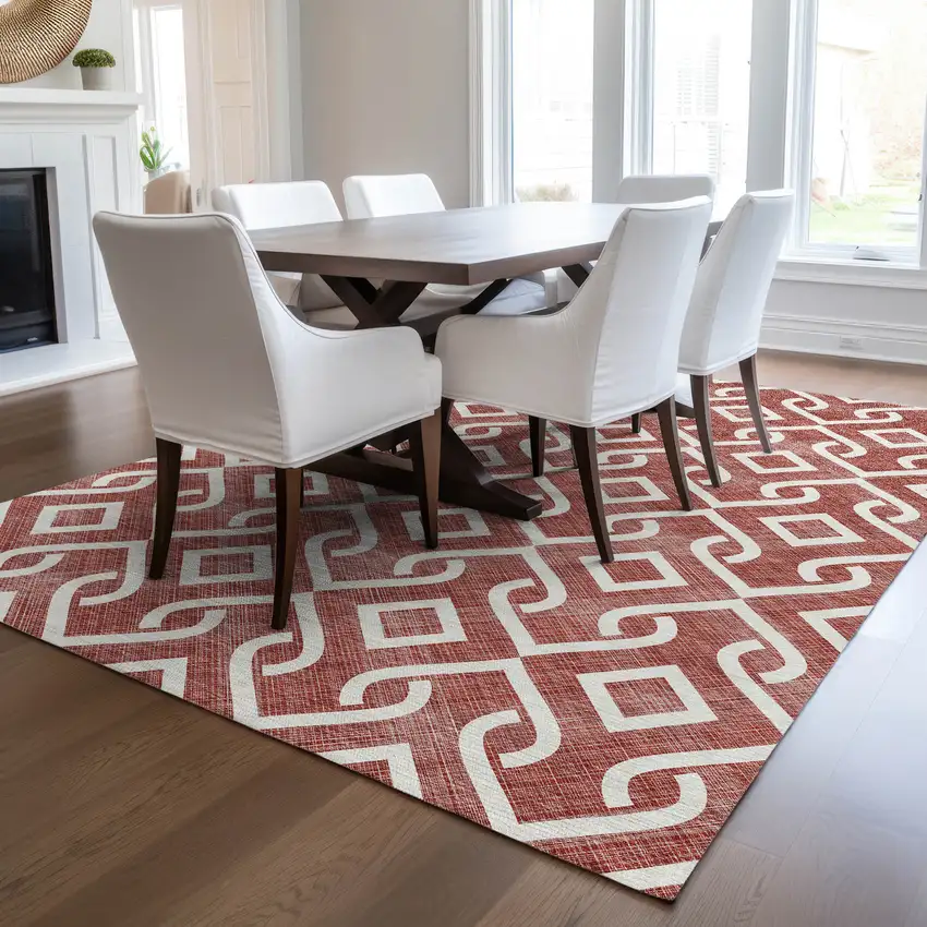 Burgundy And Ivory Geometric Washable Indoor Outdoor Area Rug Photo 8