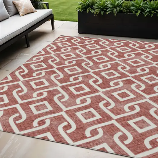 Burgundy And Ivory Geometric Washable Indoor Outdoor Area Rug Photo 1