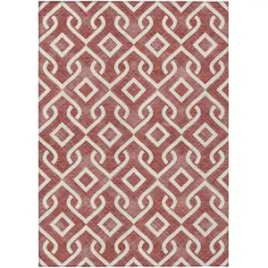 Photo of Burgundy And Ivory Geometric Washable Indoor Outdoor Area Rug