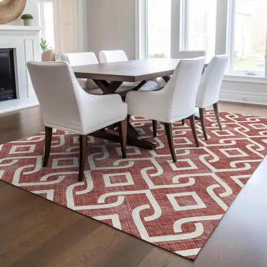 Burgundy And Ivory Geometric Washable Indoor Outdoor Area Rug Photo 8