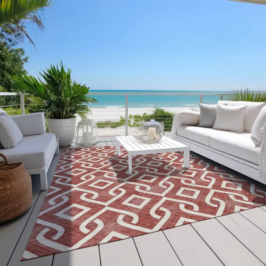 Burgundy And Ivory Geometric Washable Indoor Outdoor Area Rug Photo 9