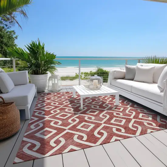 Burgundy And Ivory Geometric Washable Indoor Outdoor Area Rug Photo 9