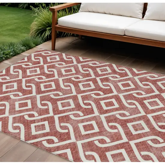 Burgundy And Ivory Geometric Washable Indoor Outdoor Area Rug Photo 1