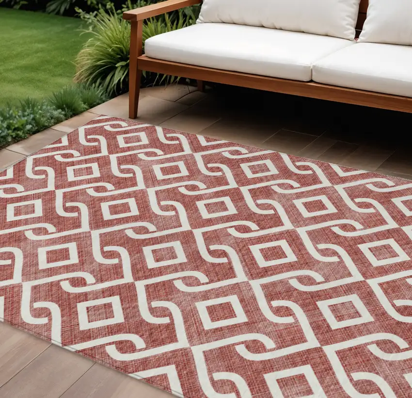 Burgundy And Ivory Geometric Washable Indoor Outdoor Area Rug Photo 1