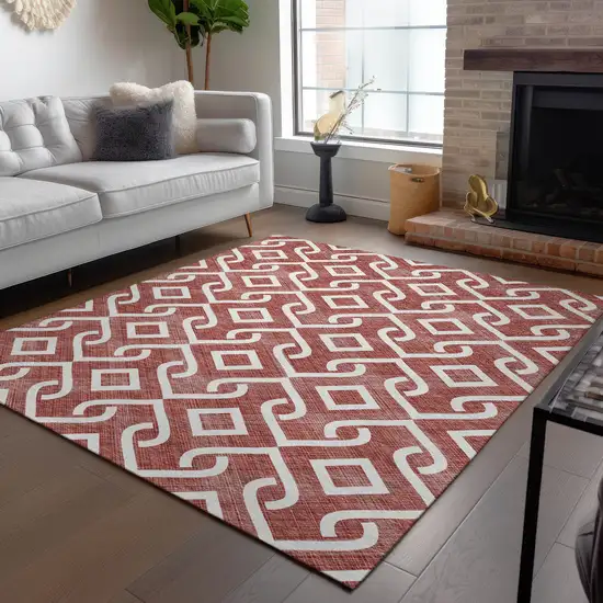 Burgundy And Ivory Geometric Washable Indoor Outdoor Area Rug Photo 9