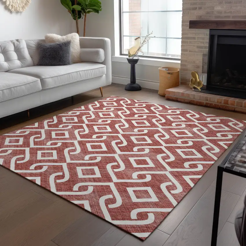 Burgundy And Ivory Geometric Washable Indoor Outdoor Area Rug Photo 9