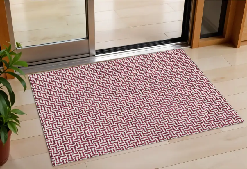 Burgundy And Ivory Geometric Washable Indoor Outdoor Area Rug Photo 1