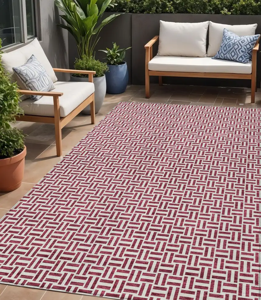 Burgundy And Ivory Geometric Washable Indoor Outdoor Area Rug Photo 1