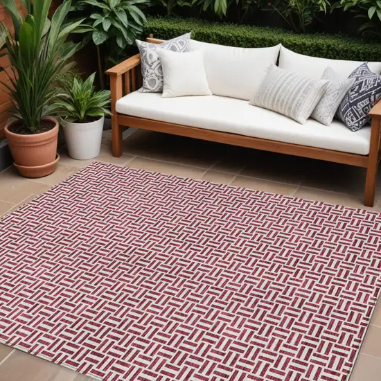 Burgundy And Ivory Geometric Washable Indoor Outdoor Area Rug Photo 1