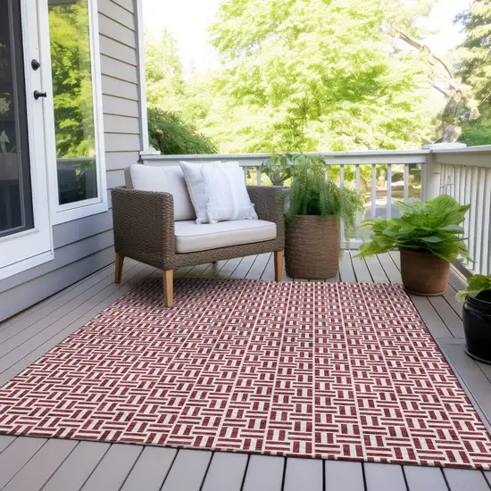 Burgundy And Ivory Geometric Washable Indoor Outdoor Area Rug Photo 9