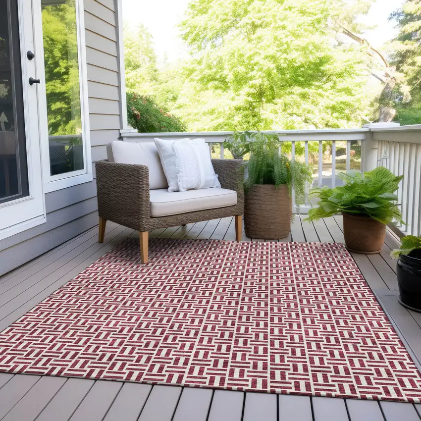 Burgundy And Ivory Geometric Washable Indoor Outdoor Area Rug Photo 9
