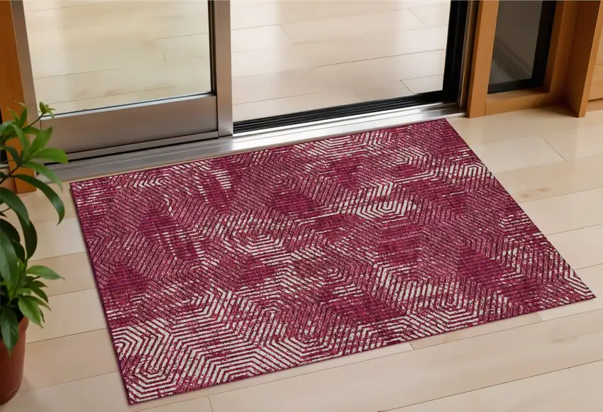 Burgundy And Ivory Geometric Washable Indoor Outdoor Area Rug Photo 1