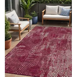 Photo of Burgundy And Ivory Geometric Washable Indoor Outdoor Area Rug