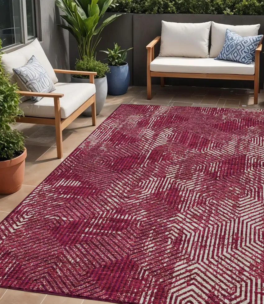Burgundy And Ivory Geometric Washable Indoor Outdoor Area Rug Photo 1