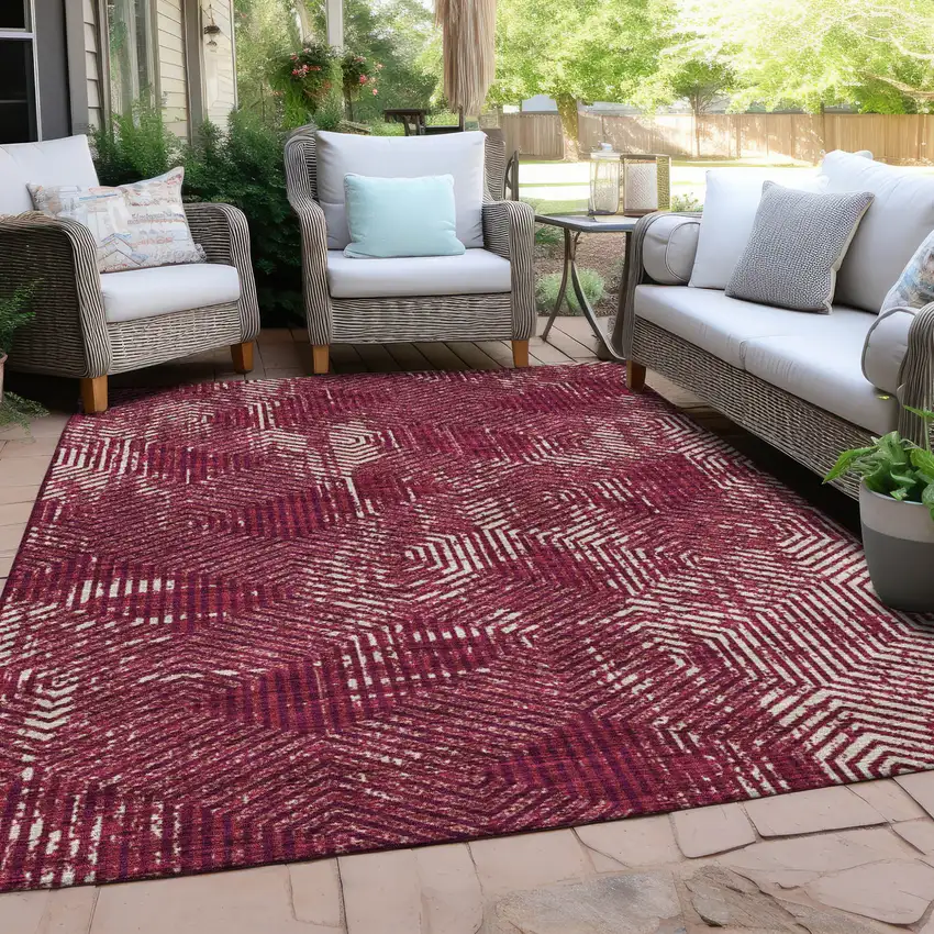 Burgundy And Ivory Geometric Washable Indoor Outdoor Area Rug Photo 8