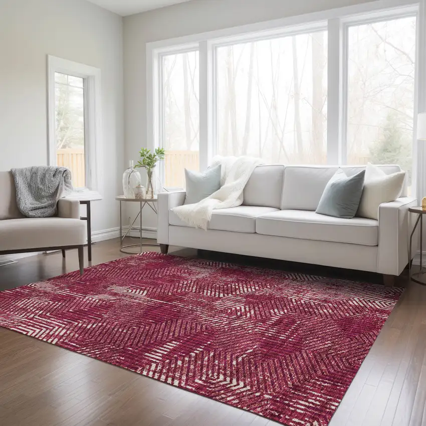 Burgundy And Ivory Geometric Washable Indoor Outdoor Area Rug Photo 9