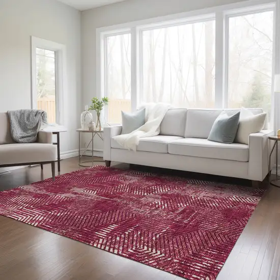 Burgundy And Ivory Geometric Washable Indoor Outdoor Area Rug Photo 9