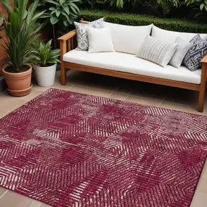 Photo of Burgundy And Ivory Geometric Washable Indoor Outdoor Area Rug