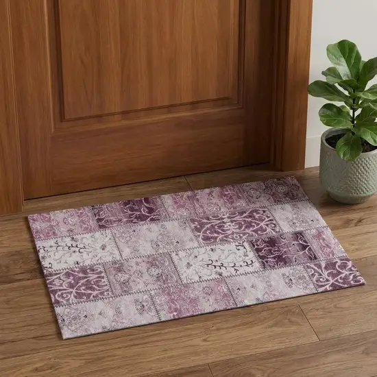 Burgundy And Ivory Patchwork Distressed Washable Area Rug With UV Protection Photo 1