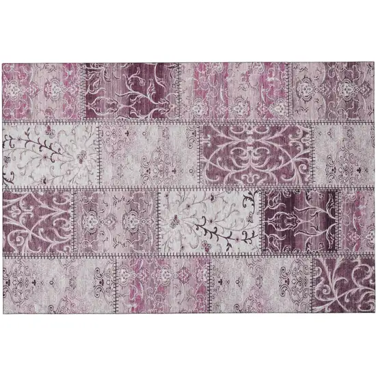 Burgundy And Ivory Patchwork Distressed Washable Area Rug With UV Protection Photo 2
