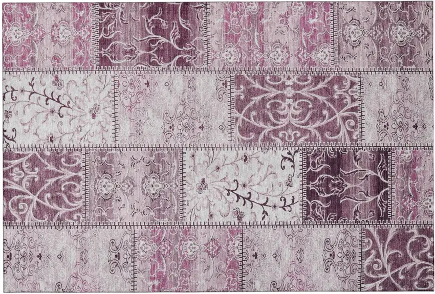 Burgundy And Ivory Patchwork Distressed Washable Area Rug With UV Protection Photo 2