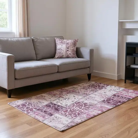 Burgundy And Ivory Patchwork Washable Area Rug With UV Protection Photo 2