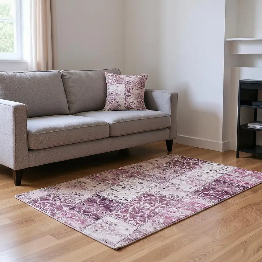 Burgundy And Ivory Patchwork Washable Area Rug With UV Protection Photo 2