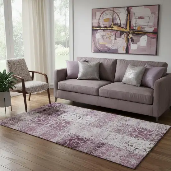 Burgundy And Ivory Patchwork Washable Area Rug With UV Protection Photo 1