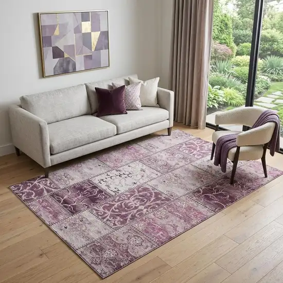 Burgundy And Ivory Patchwork Distressed Washable Area Rug With UV Protection Photo 1