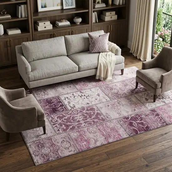 Burgundy And Ivory Patchwork Distressed Washable Area Rug With UV Protection Photo 1