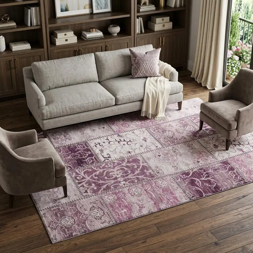 Burgundy And Ivory Patchwork Distressed Washable Area Rug With UV Protection Photo 1