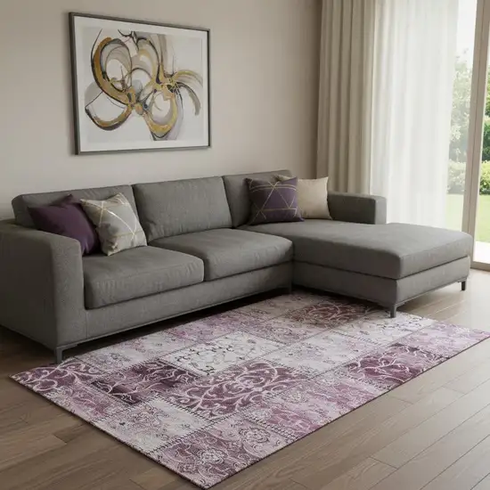 Burgundy And Ivory Patchwork Washable Area Rug With UV Protection Photo 1