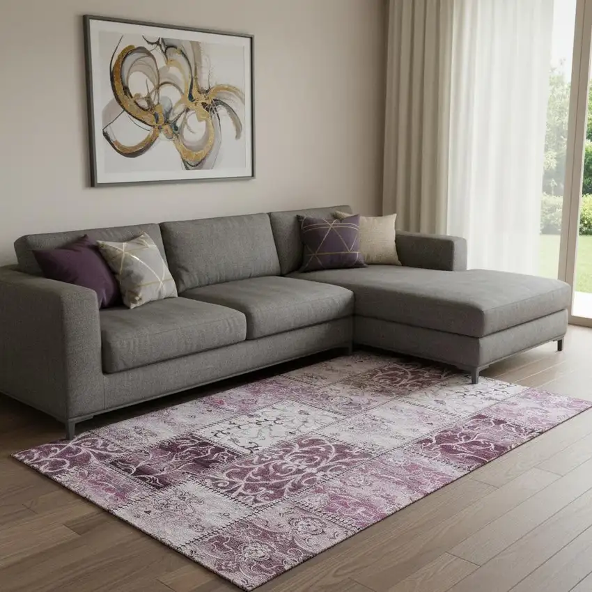 Burgundy And Ivory Patchwork Washable Area Rug With UV Protection Photo 1