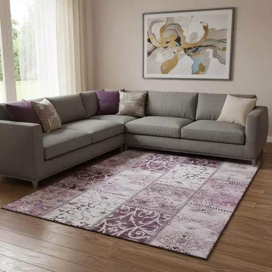 Burgundy And Ivory Patchwork Washable Area Rug With UV Protection Photo 3