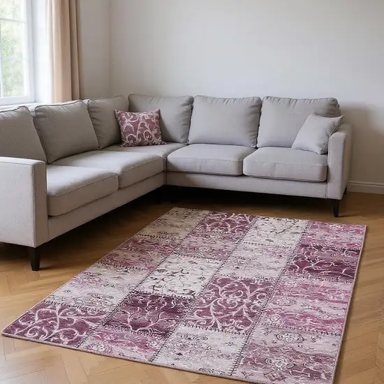Burgundy And Ivory Patchwork Washable Area Rug With UV Protection Photo 2