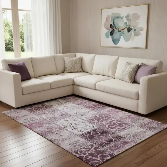 Burgundy And Ivory Patchwork Washable Area Rug With UV Protection Photo 1