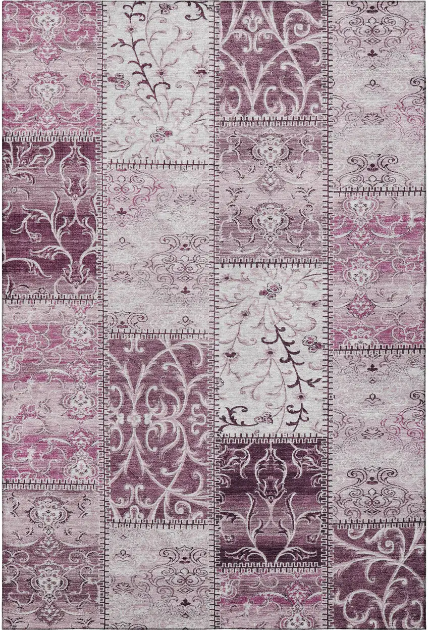 Burgundy And Ivory Patchwork Washable Area Rug With UV Protection Photo 4