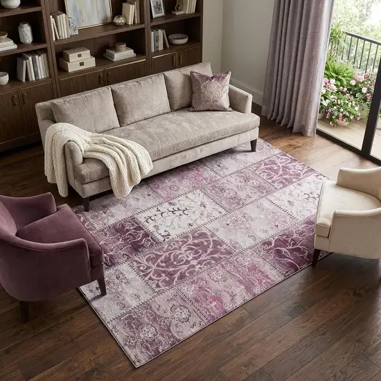 Burgundy And Ivory Patchwork Distressed Washable Area Rug With UV Protection Photo 1
