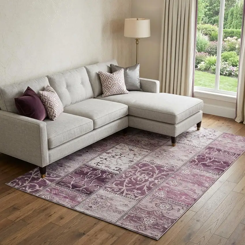 Burgundy And Ivory Patchwork Distressed Washable Area Rug With UV Protection Photo 1